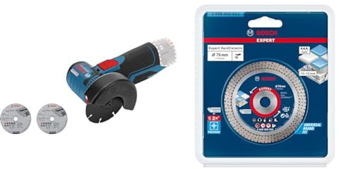 Bosch Professional Amoladora Angular a Batería (19500 rpm, Disco 76 mm, sin Batería, en caja), 12 V + 1 disco de corte de diamante Expert HardCeramic de 76 mm (azulejos duros, piedra dura, Ø 76 mm)