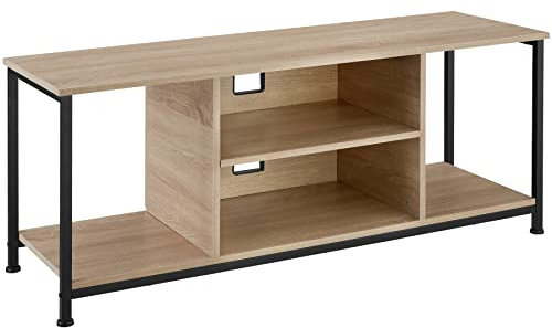 tectake TV-Regal mit 4 offenen Fächern, 110/120 x 40 x 50,5 cm, Industrie-Design, Fernsehtisch Lowboard mit Verstellbarer Ablage, schwarzes Metallgestell (Industrial Holz hell, Eiche Sonoma, 120 cm)
