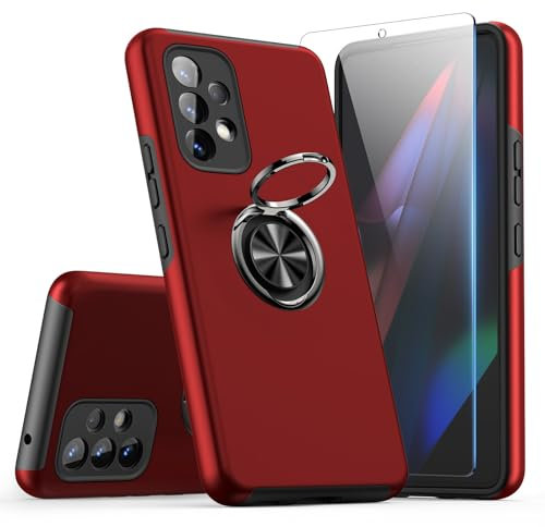 KRAFTCARE Hülle für Samsung Galaxy A53 5G mit 1 Pack Panzerglas Schutzfolie, Handyhülle mit Eingebetteter 360° Grad Ring, Magnetische Schutzhülle Stoßfest Cover Case für Samsung A53 5G,Rot