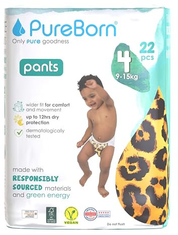 PureBorn 22 Windelhöschen Größe 4 (9-15 kg), Ultra-Saugfähig, Hypoallergen, Weich & Sanft für Babys, Dermatologisch Getestet, Auslaufsicher, Umweltfreundlich aus Bambus