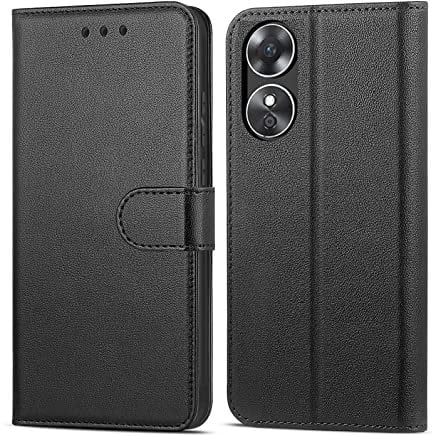 NWNK13 For Oppo A17 Case Leather Wallet Book Flip Stand View Phone Cover with Card Holder Slots Compatible with Oppo A17 (Black)
