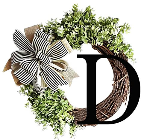 CUSROS Couronne de feuilles vertes avec 26 lettres d'eucalyptus pour porte d'entrée et chambre à coucher D