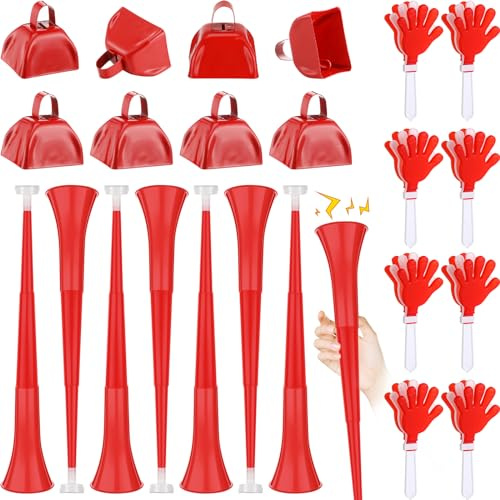 Jenaai 24 Pcs Cheer Team Gifts Bulk Collapsible Stadium Horn Hand Clappers Metal Cowbells Team Cheering Spirit Accessories Noisemakers 24 Vuvuzela Blow Horn for Sporting Events Football Party(Red)