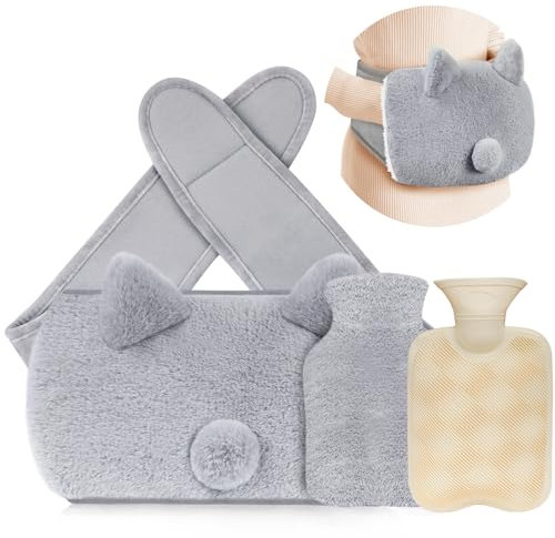 Wrap Around Hot Water Bottle with Fluffy Cover Pouch and Furry Waist Belt, Cute Wearable Body Hot Water Bottle Strap on for Period, Neck, Back, Shoulder Pain Relief - Grey