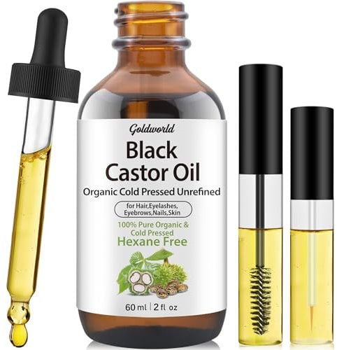 GoldWorld100% Organic Pure Black Castor Oil Cold Pressed,for Hair Eyebrows Eyelash Growth Serum to Grow Lashes,Castor Oil for Skin Body Face,Caster Oils Unrefined in Glass Bottle Hexane Free