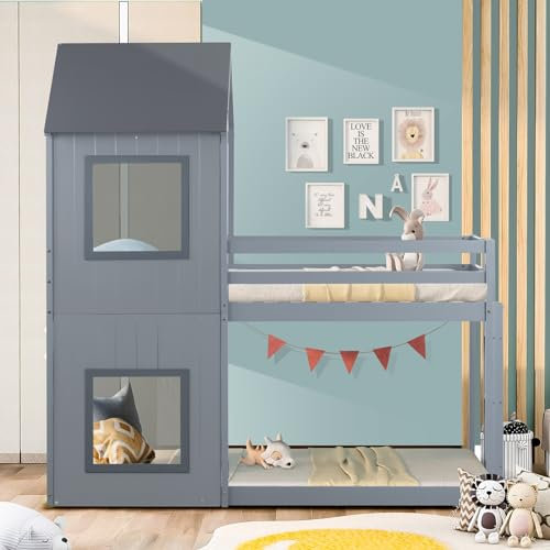 Daesar Hausbett 90x200 Etagenbett mit Rausfallschutz, Kinderbett Mädchen mit Leiter Baldachin und Bodentief, Massivholzbett Hausbett für 2 Kinder, Grau