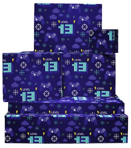 13th Birthday Wrapping Paper for Boys - Gamer Wrapping Paper - 6 Sheets of Gift Wrap - 13 Year Old Gaming Gifts Girls - Teenager - Recyclable - By Central 23