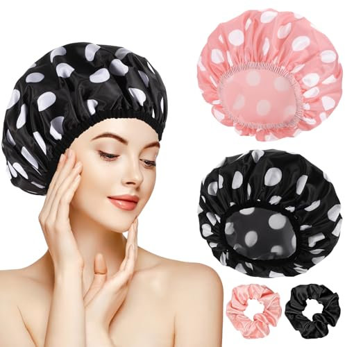 2 Sets Large Shower Caps for Women, Waterproof Shower Cap Double Layers Bath Caps for Women Long Thick Hair