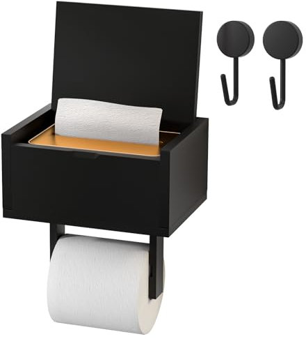Yorbay Toilettenpapierhalter ohne Bohren, Bambus Klopapierhalter mit Feuchttücherbox und 2 Haken,WC Rollenhalter für Badezimmer, Selbstklebend or Bohre