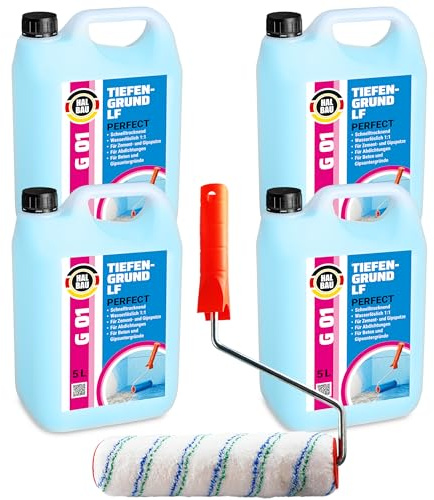 HALBAU Tiefengrund LF Perfect 20 L, Voranstrich unter Abdichtungen | Grundierung für Putz, Beton + Farbroller 25cm Mikrofaser Set G01