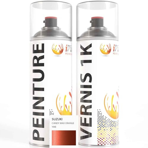 ipixline Kit Retouche Peinture Carénage Moto - Bombe Aérosol Peinture 400 ml, Vernis Brillant 1k 400 ml - Compatible avec Suzuki - Candy Max Orange YME