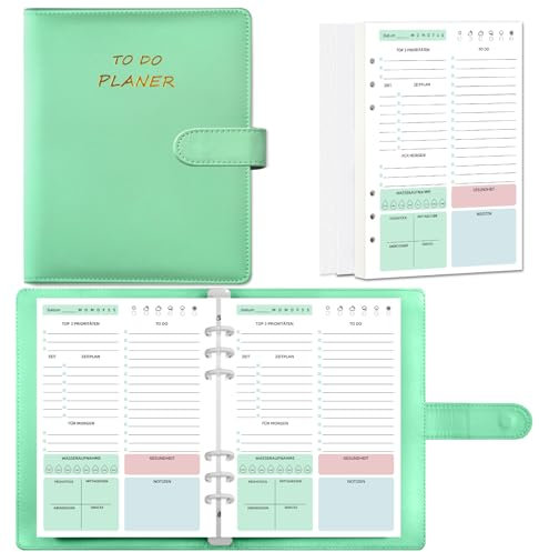 Qefuna Undatierter A5 6 Löcher Loseblatt PU Tagesplaner,Notizbuch mit To Do Liste Aufgabenliste Terminplaner 140 Seiten/70 Blatt Notizblöcke Hard Cover Tagesplanung, für planner,tagesplan-Grün