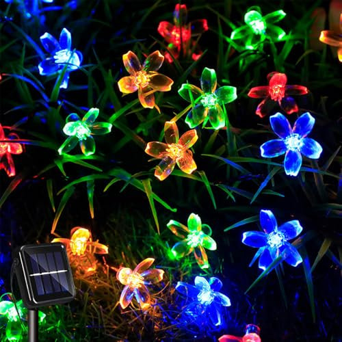 HIQE-FL Catena di Luci Solari Per Esterni,14M 120LED Luci Fiore Fiabesche ad Energia Solare,Fiori di Ciliegio Luci Solari,8 Modalità,Giardino,Balcone,Nozze,Decorazione del Partito (Colore)