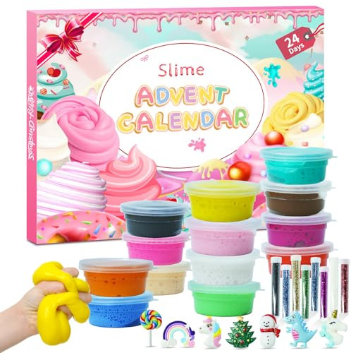 Adventskalender 2024, DIY Schleim kit Weihnachts Adventskalender 24 Tage Countdown Adventskalender mit 16 Schleim, Glitzer, Dekoration, Fruchtschnitten, Basteln, Kinder