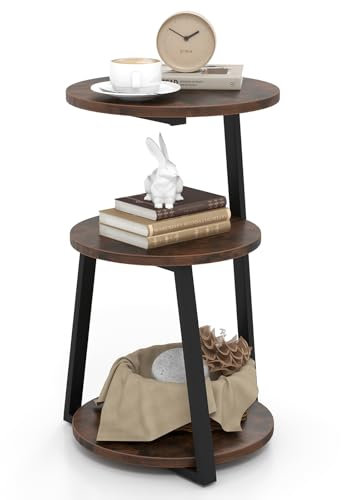 GIANTEX Table d'Appoint à 3 Niveaux 62 CM, Table de Chevet avec 3 Etagères en Bois, Table Basse Cadre en Métal avec Patins de Pied Réglables, Table d'Appoint Ronde Design Industrielle (1)