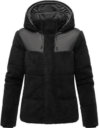 MARIKOO Damen Teddy-Fleecejacke warme Übergangsjacke gesteppte Plüschjacke in angesagtem Materialmix mit Kapuze Kaguraa 16 XS-XXL