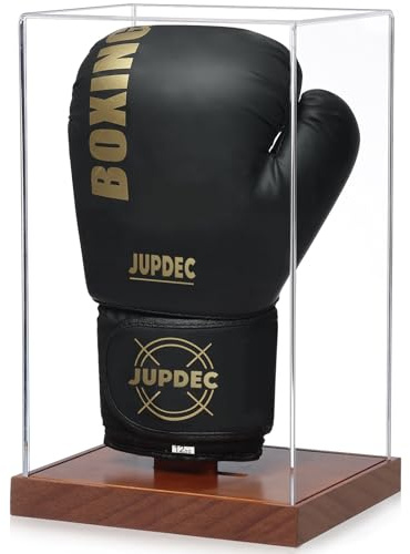 JupDec Boxing Glove Display Case, Clear Acrylic Showcase with Wood Base & Plank for Single Glove, Full Size UV Protection Souvenirs and Collectibles Box, Ideal Gift for Boxing Fans