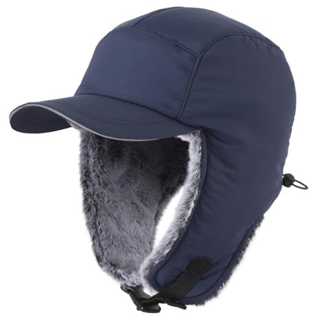 Magracy Chapeaux d'hiver chauds pour homme avec cache-oreilles - Chapeau de trappeur hydrofuge - Casquette de baseball réfléchissante, bleu marine, Taille unique