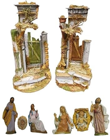 BLUSUPERSHOP Mini-Tempo Weihnachtskrippe komplett Durchmesser 25 cm Höhe 50 cm Holz und Kork mit oder ohne Geburt 3 Schäfte 20 cm Terrakotta oder Kunststoff, geeignet für Glasglocke