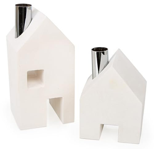 Logbuch-Verlag Haus Deko Kerzenhalter aus Beton weiß Silber Kerzenständer Geschenkset Geburtstag 12-18 cm