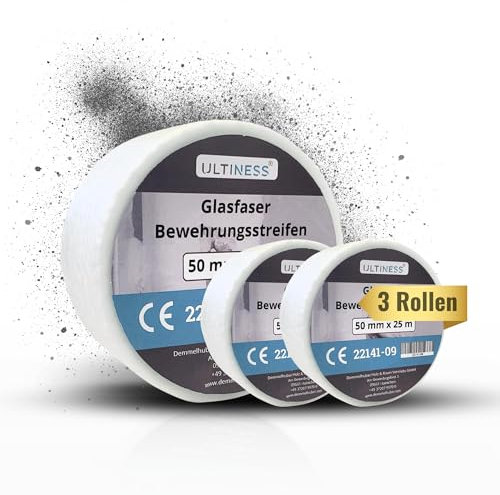 Ultiness® Glasfaser Bewehrungsstreifen 50 mm x 25 m – Rissfest, Feuchtigkeitsbeständig, Fugendeckstreifen, Fugenband für Trockenbau, Einfache Verarbeitung, Hohe Langlebigkeit (3 Rollen)