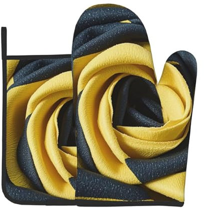 Oven Mitts and Pot Holders 2 pcs Set Heat Resistant Oven Gloves for Cooking Mustard Yellow and Black Oven Mitts Non-Slip Silicone Oven Mittens Hot Pad for Baking BBQ