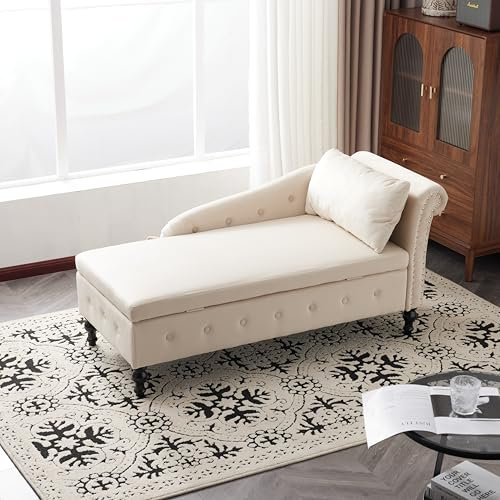 ANIROY Chaiselongue-Sofa aus Samt mit Stauraum, Gepolsterte Chaiselongue-Couch mit Kissen für das Wohnzimmer, Schlafzimmer und Büro, Moderner Loungesessel mit Nagelkopfbesatz und Knopfheftung (Beige)
