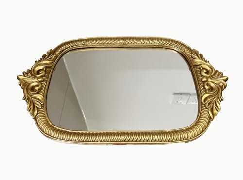 Deng YH Large Gold Oval Mirror Tray, 18.75 x 11.5,Handmade Resin Frame,Vintage Tray Decorative Jewelry, Mirror Trays for Vanity Elegant Gold Home Décor with Handle.