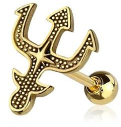 BlackAmazement 316L Edelstahl Helix Tragus Ohrstecker Piercing Dreizack Neptun Triton Poseidon Silber Gold Damen Herren (Gold)