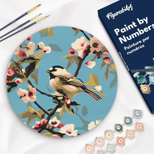 Figured'Art Peinture par Numéro Adulte sur Disque en Bois de 30cm de diamètre - Oiseau sur une branche - Kit de Loisir Créatif DIY Numéro d'Art Complet