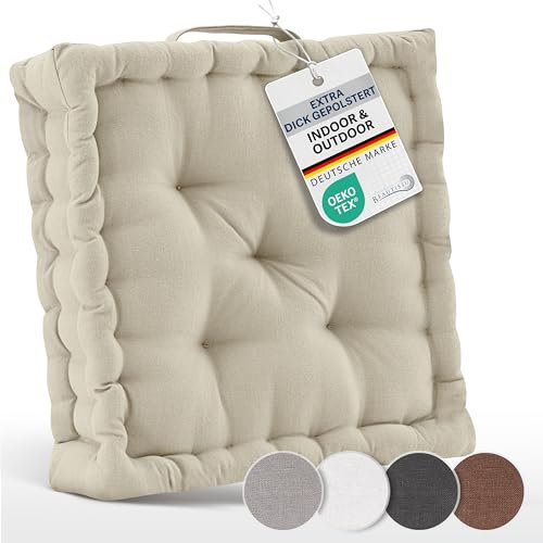 Beautissu 2er Set Bodenkissen Sitzkissen 50x50 cm - Dickes Matratzenkissen 10cm - 100% Baumwolle Stuhlkissen Indoor & Outdoor Sitzkissen Boden Tragegriff extra Dicke Sitzauflagen Leinen - Mila