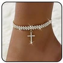 BelleVive Fußkettchen mit Kreuz, Herz und Schmetterling – 14 Karat vergoldet, wasserdicht, mit Diamant-Strasssteinen für Damen, groß, übergroß für große Knöchel, Sommer-Fußkettchen