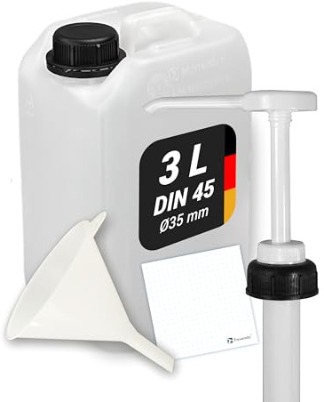 Trevendo Kanister Set - Wasserkanister (3 Liter, DIN 45, Ø35mm) - lebensmittelecht & BPA-frei - inkl. Deckel, Dosierpumpe, Trichter & Beschriftungsetikett
