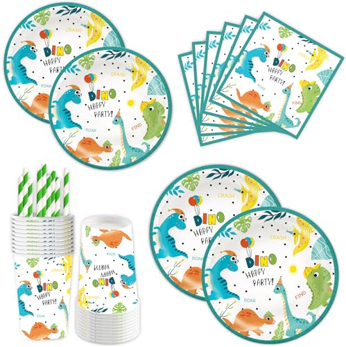 Dino geburtstag deko partygeschirr set, 60 stück pappteller kindergeburtstag deko, enthält dino teller kindergeburtstag, dino servietten kindergeburtstag, dino becher, Strohhalme Für dinoparty