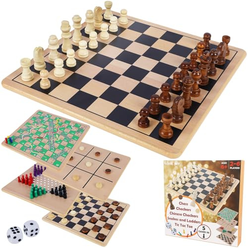 Glintoper Planches en bois réversibles 5 en 1 pour échecs, dames, dames chinoises, serpents et échelles, jeu de table classique portable pour enfants de 6 ans à adultes