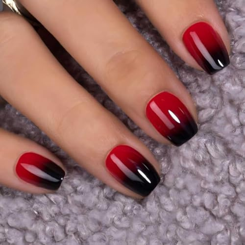 KQueenest French Press On Nails Short - Ombre Red Black Press On Nails Square, Gradient Short Fake Nails, Glossy Opaque, Reusable Soft Gel Glue on Nails for Women Halloween, 30 Pcs