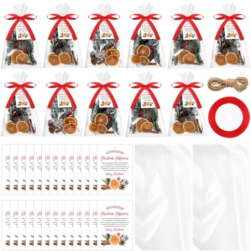 Tinlade 100 Set Christmas Potpourri Gift Bag with Tag Red Ribbon Rope Plastic Clear Cellophane Stovetop Simmer Bags Holiday DIY Craft Stovetop Simmer Instruction Present Kit for Party Favors Gifts