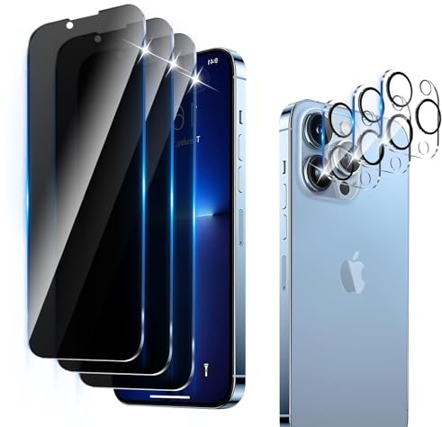 LZAYN 3+3 Pack Privacy Screen Protector for iPhone 13 Pro Max | with Camera Lens Protector,Anti-Spy Tempered Glass Film,9H Hardness,Anti-Scratch,Bubble Free,Easy Installation