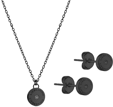 LIEBESKIND BERLIN Schmuck-Set mit Zirkonia-Stein - Halskette mit rundem Coin-Anhänger und kleinen Ohrsteckern - IP Schwarz - Ankerkette verstellbar bis 45 cm - wasserfest & hautfreundlich