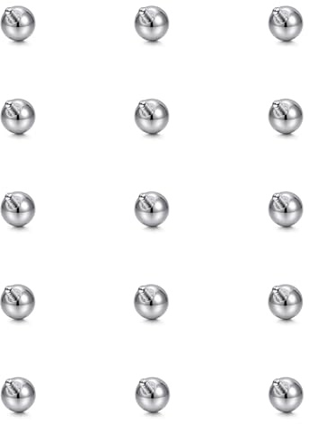 Funseedrr 15 sfere di ricambio di grandi dimensioni da 5 mm a 14 mm, 14 G, 16 G, filettatura interna in acciaio inox, colore argento, per setto nasale, lingua, sopracciglio, labbro, capezzolo