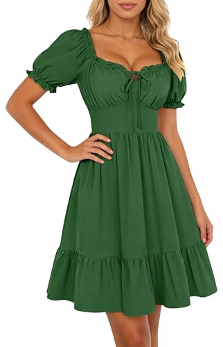 SCARLET DARKNESS Damen Renaissance Kleid Puffärmel Vintage Knielang Square Ausschnitt Sommer Kleid Mittelalter Corsagenkleid mit Taschen Grün L