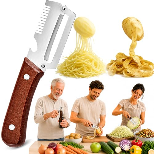 Elite Gourmet Knives, 3-in-1 Elite Gourmet Peeler & Shredder & Bottle Opener, Stainless Steel Elite Peeler Knife, Multifunctional Vegetable Peeler Slicer Kitchen Tool for Fruit & Vegetable (1, Brown)