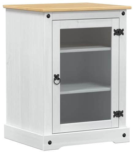 Foknhdi HiFi-Schrank Weiß 60 x 50 x 82 cm aus Massivholz Kiefer, Lowboard mit Glastür und Einlegeboden, Moderner Mediaschrank für Wohnzimmer und Home Office, Stabiler TV-Unterschrank