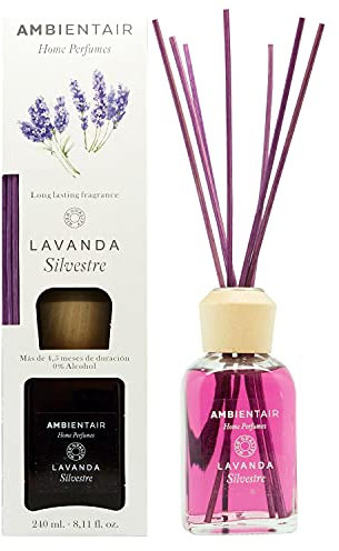 Ambientair Mikado Ambientador para Hogar, Aroma Lavanda, Cristal, Azul, 8 x 8 x 30 cm