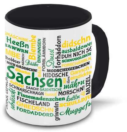 Sachsen-Tasse Tagcloud - weiß/schwarz - Tasse mit typischen Wörtern im sächsischen Dialekt | Keramik-Tasse mit 330 ml Inhalt