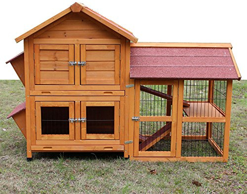 Zoopplier Kaninchenstall Hasenstall draußen Winterfest-Hasengehege Freilaufgehege XXL groß Hasendraht De Luxe aus massiven Holz Meerschweinchen Stall 2 Etagen für 2 Kaninchen