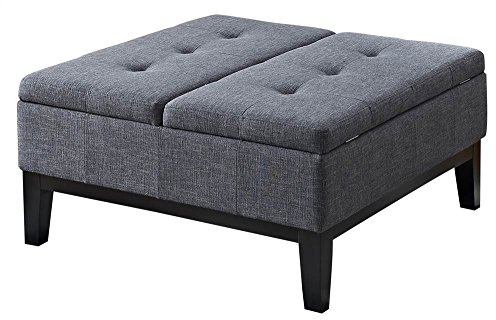 SIMPLIHOME Dover 36 inch Wide Contemporary Square Coffee Table Storage Ottoman in Slate Grey Linen Look Fabric, Assembled, for the Living Room and Bedroom