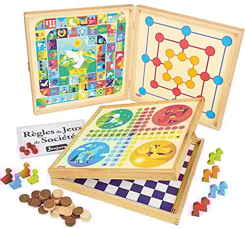 Jeujura- Coffret Classiques Petits Chevaux l’oie Dames marelle-yams-421-50 Règles-4 Plateaux de Jeu et pions en Bois-2 à 6 Joueurs, 8119, White