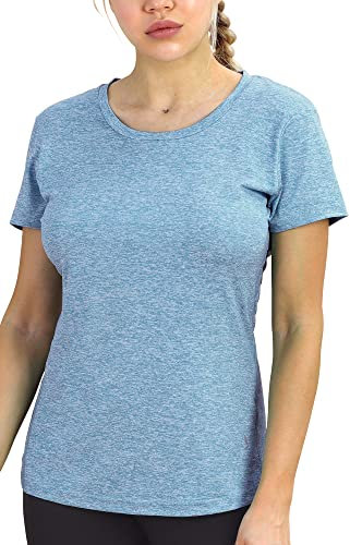 icyZone® Damen Sport T-Shirt Running Fitness Shirts Sportbekleidung Kurzarm Oberteile Shortsleeve Top M Blue Heather