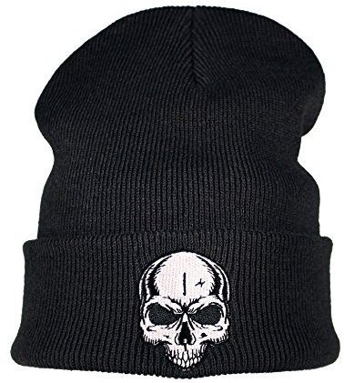 Baddery: Strickmütze - Totenkopf - Geschenk für Metal Fans - Unisex Beanie Mütze für Herren und Damen - Halloween Skull (One Size - Schwarz)